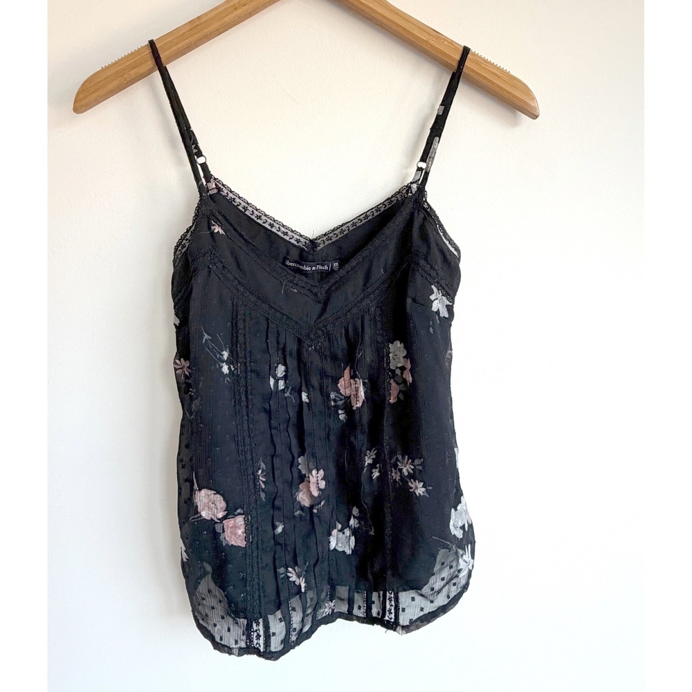 Abercrombie & Fitch Womens Floral Lace Trim Cami XXS Black Y2K Boho FeminineTop